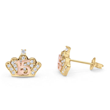 14K Two Tone Gold Solid Micropave Crown Post Tiny Studs Earring Best 15th Birthday Or Anniversary Gift